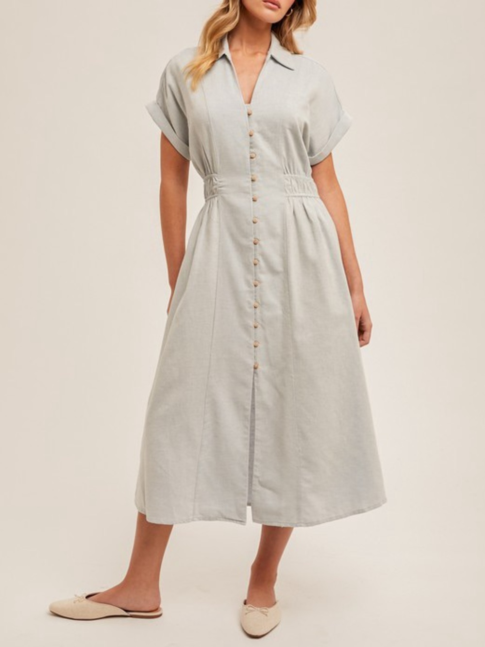 ☀️SALE☀️BUTTON DOWN HALF SLEEVE COTTON MIDI
DRESS|TAUPE